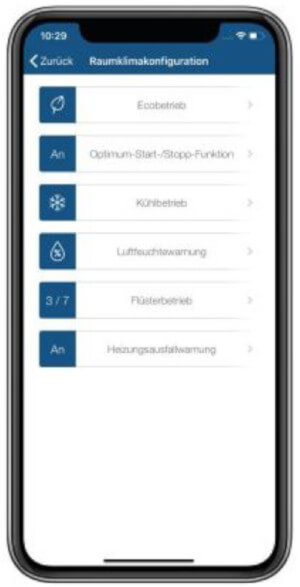 APP Screenshot Raumklimakonfiguration Menü-Übersicht