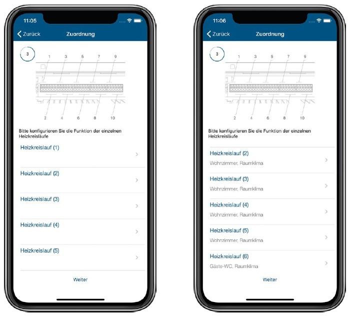 Screenshot Homematic IP App - Screenshots Heizkreise Fußbodenheizung zuordnen