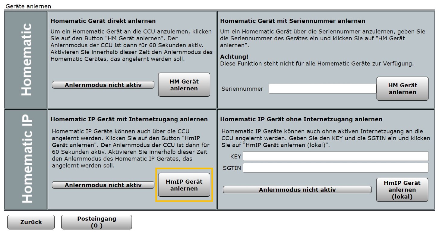 Screenshot WebUI - Homematic IP Gerät anlernen