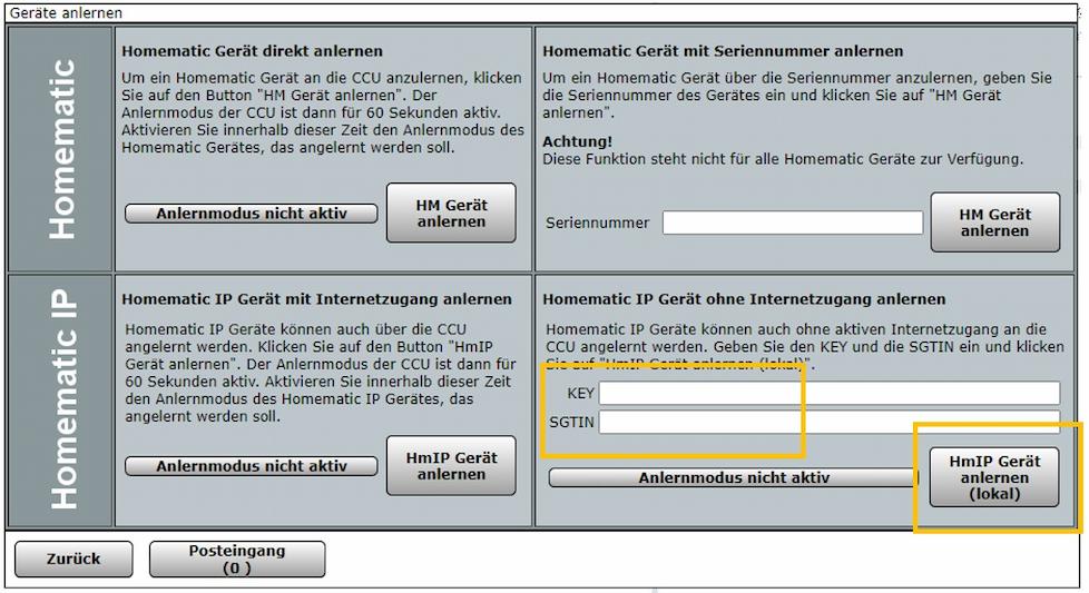 Screenshot - Gerät anlernen an die CCU3 - Ohne Internetverbindung