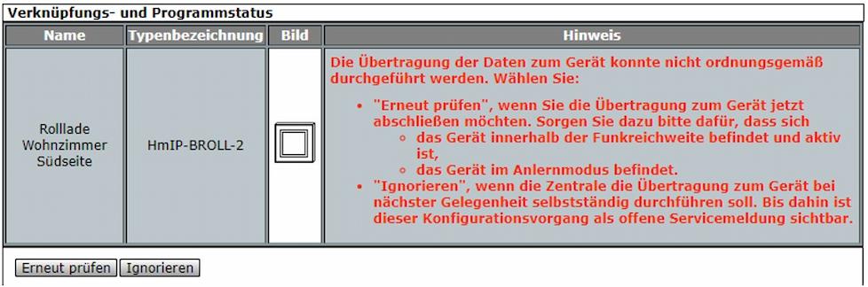 Screenshot - Warnung Datenübertragung zum Aktor 